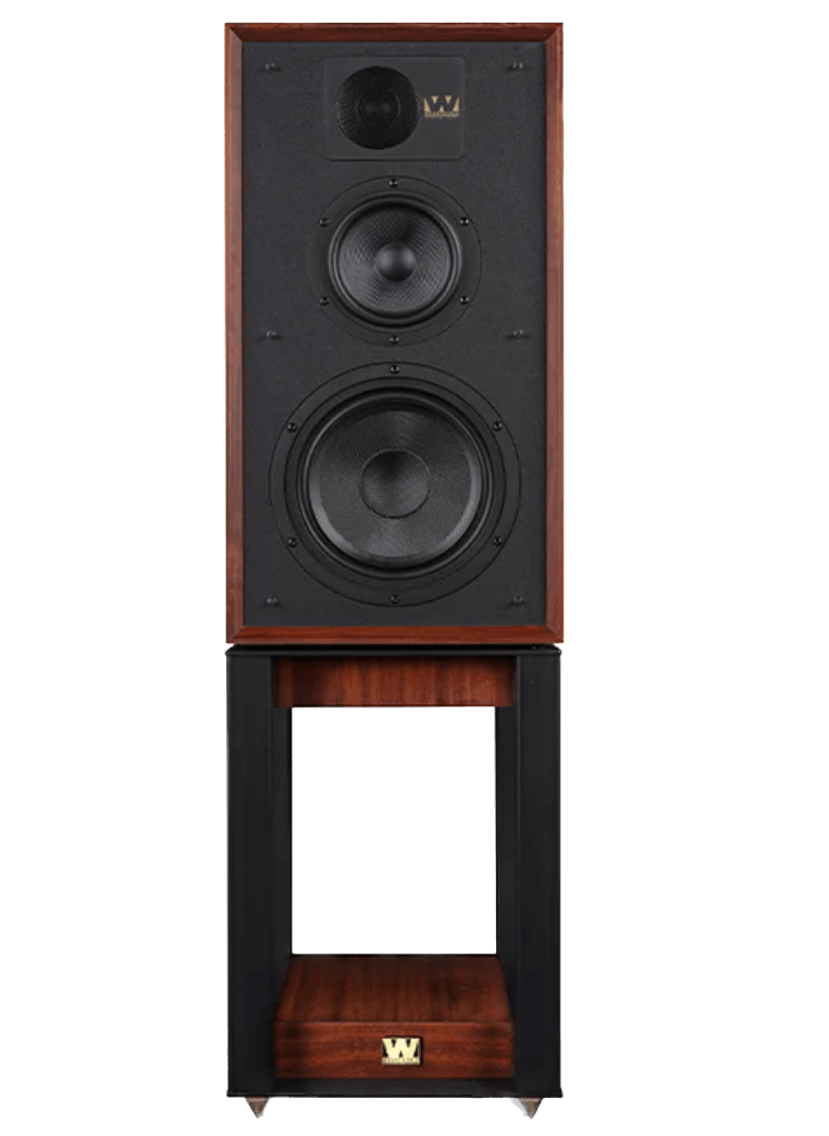 Wharfedale Linton 85th Anniversary Speaker, front and on a stand, in walnut
