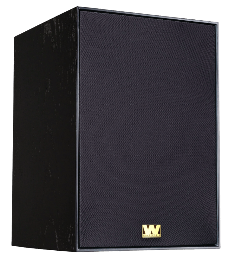 Wharfedale Super Denton Heritage Speakers in Black. Individual speaker, angled with grille