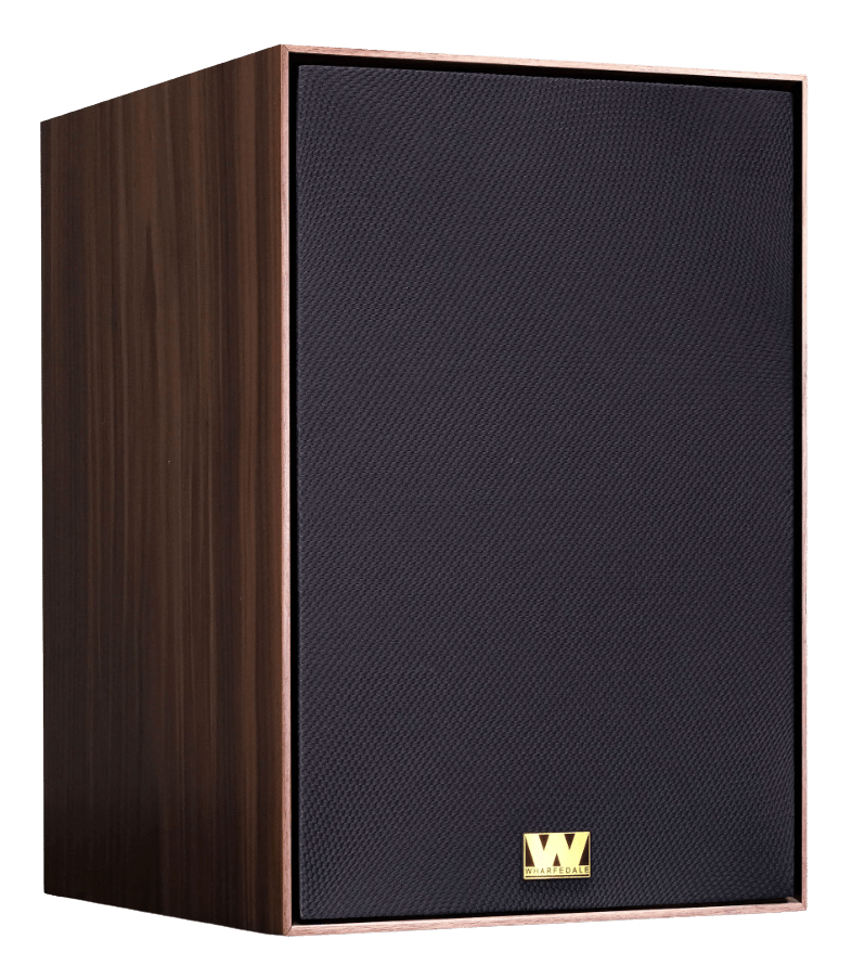 Wharfedale Super Denton Heritage Speakers in Walnut, individual speaker, angled with grille