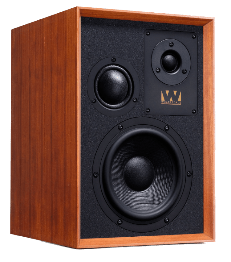 Wharfedale Super Denton Heritage Speakers in Mahogany. Individual speaker, angled without grille