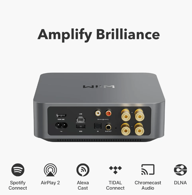 WiiM Amp Multi-room Stereo Streaming Amplifier.  Image of back of steel grey with streaming apps