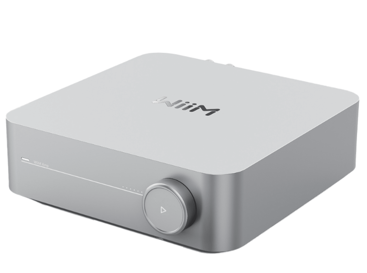 WiiM Amp Multi-room Stereo Streaming Amplifier.  Image of front in Silver
