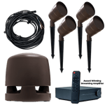 Outdoor Garden 4.1 Volt Ohm Speaker System Powered by the WiiM Amplifier, system components.