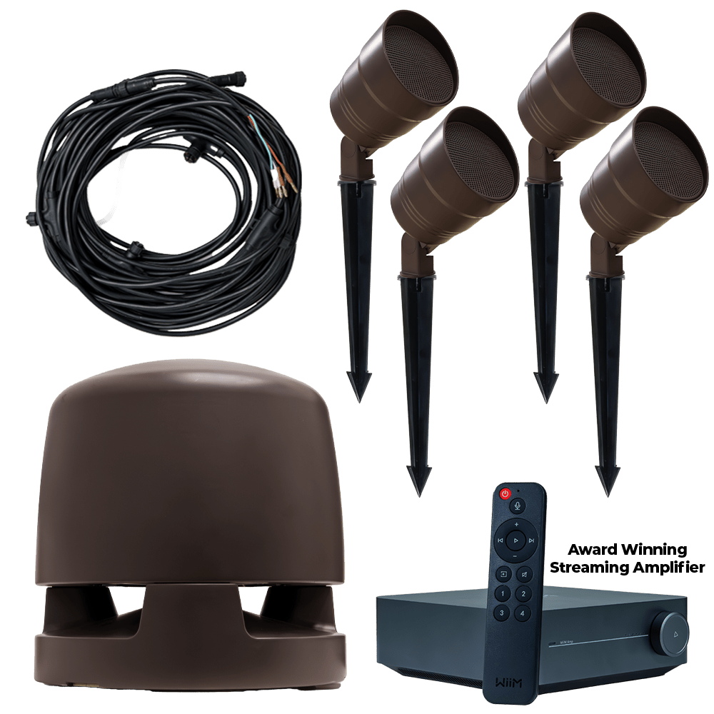 Outdoor Garden 4.1 Volt Ohm Speaker System Powered by the WiiM Amplifier, system components.