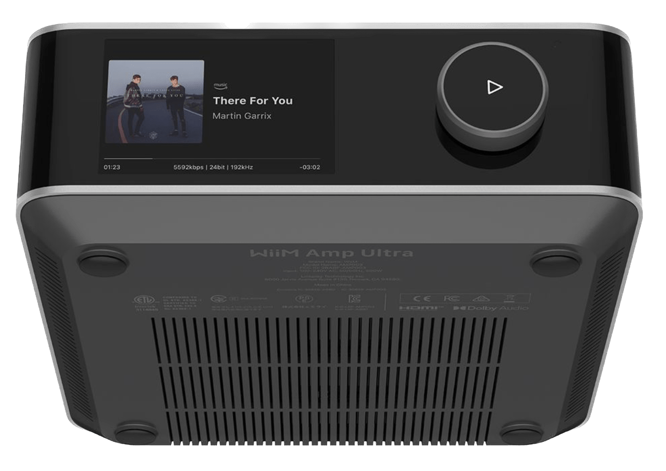 WiiM Amp Ultra Wireless Audio Streaming Amplifier in Silver, bottom and front