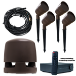 Outdoor Garden 4.1 Volt Ohm Speaker System Powered by the WiiM Amplifier, system components.