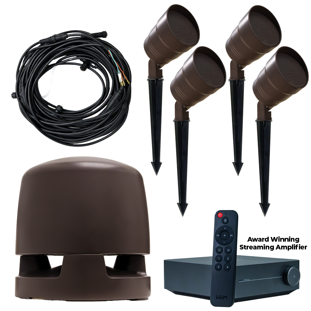 Outdoor Garden 4.1 Volt Ohm Speaker System Powered by the WiiM Amplifier, system components.