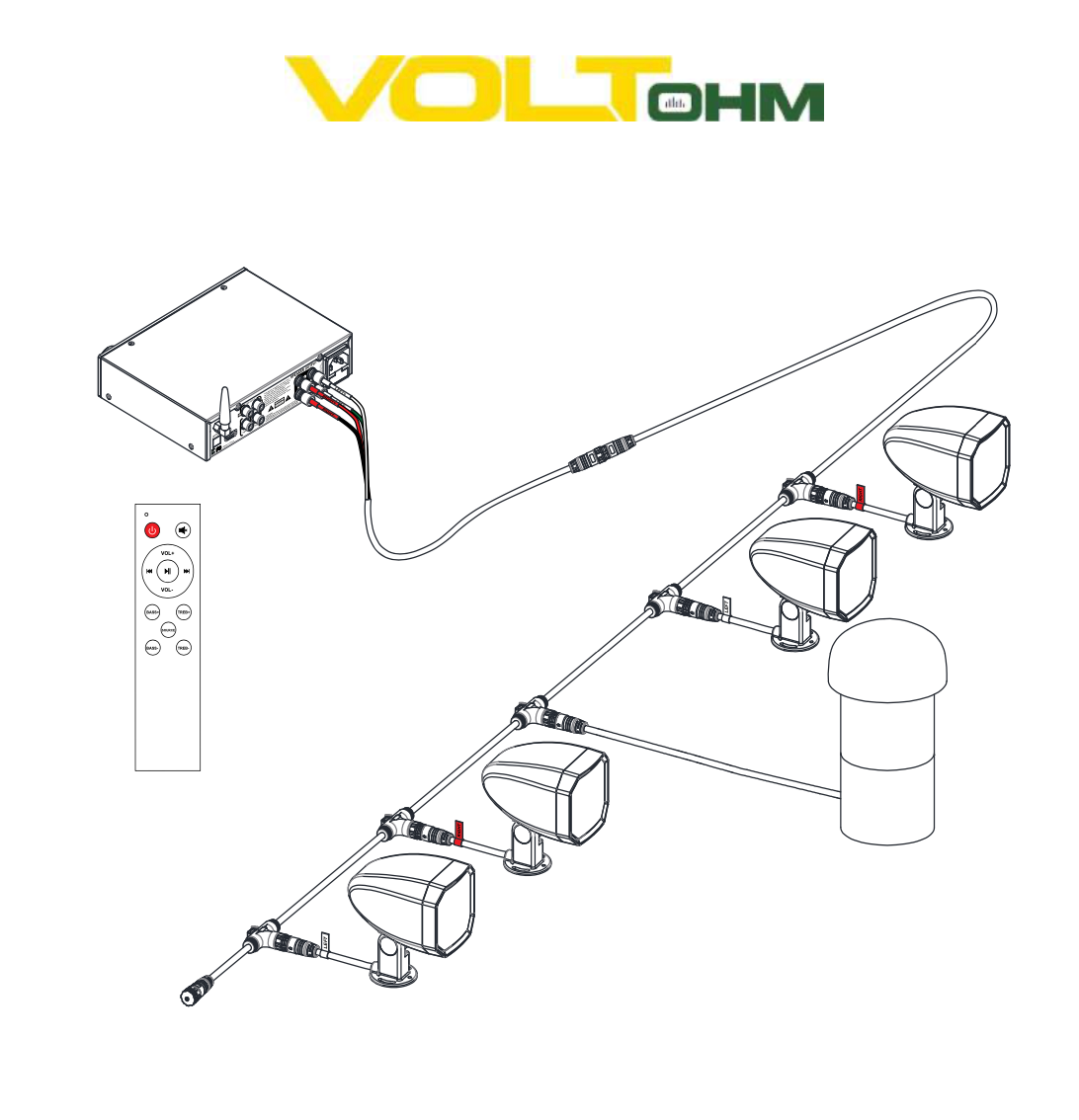 Outdoor Garden 4.1 Volt Ohm Speaker System Powered by the WiiM Amplifier, connection diagram