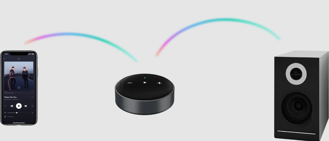 WiiM Mini Hi-Res Wireless Audio Streamer. Wireless image with mobile and speaker