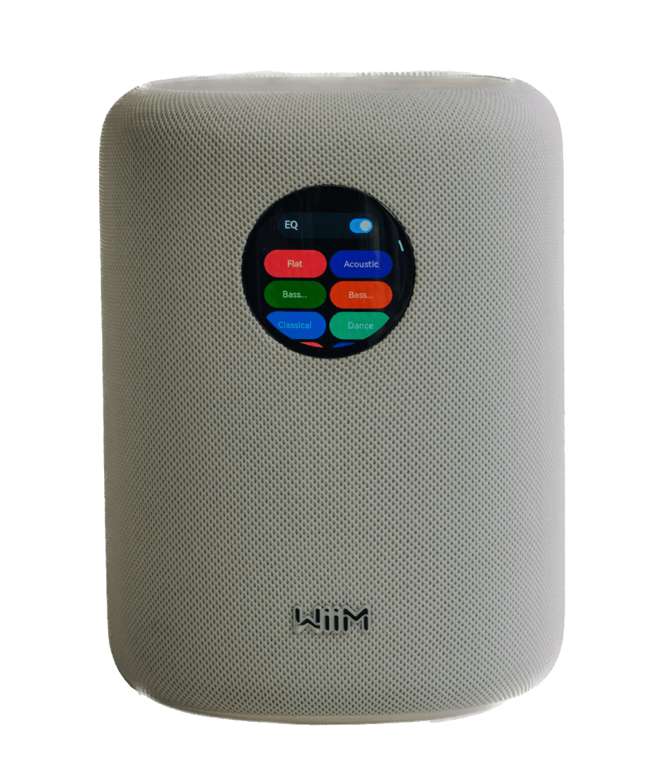 WiiM Sound Smart Speaker in White with controls displayed
